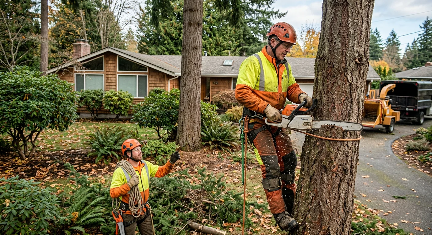 Crew clearing overgrown brush and undergrowth from a residential property edge