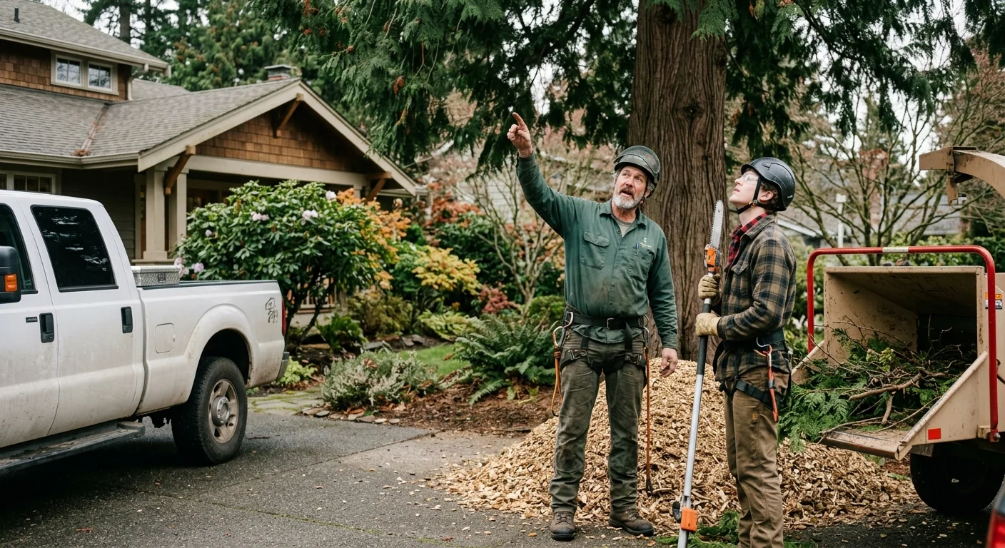 Crew clearing overgrown brush and undergrowth from a wooded residential lot in Edmonds
