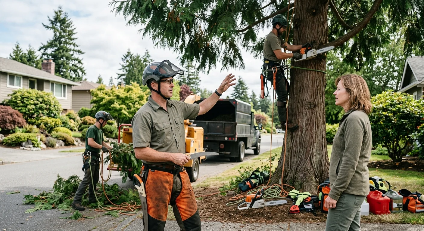 Tree crew clearing dense brush along an Edmonds property line