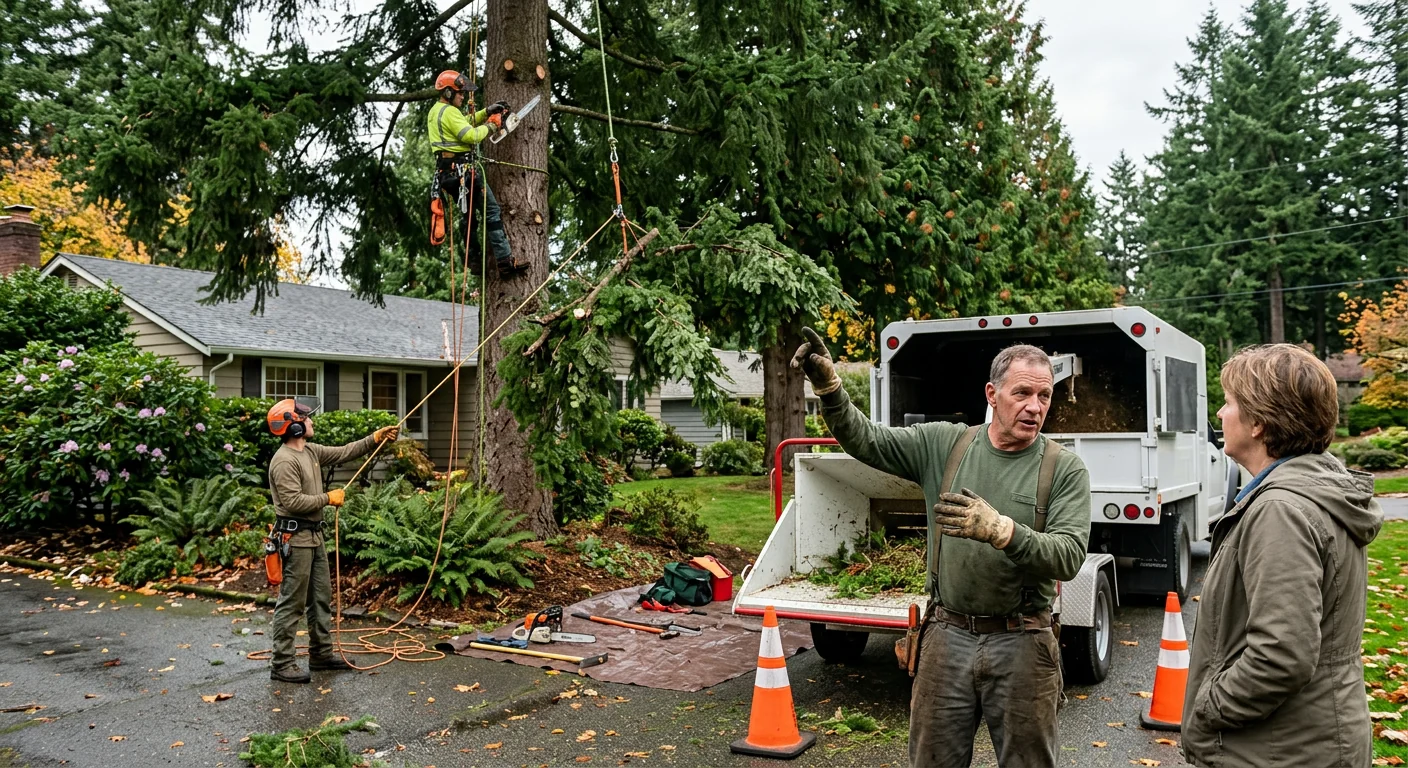 Crane positioned in a narrow Edmonds driveway preparing for a sectional tree lift