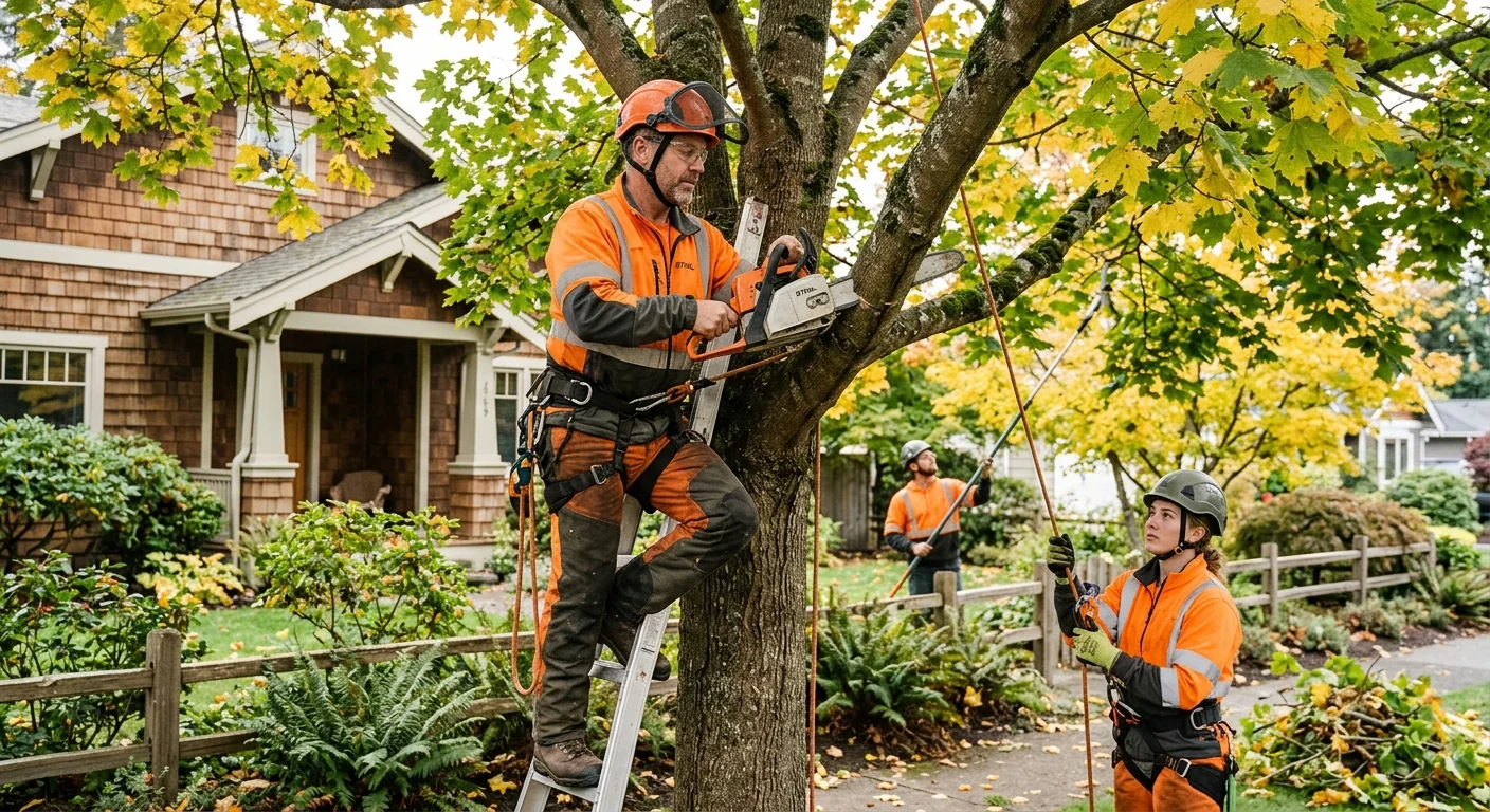 Crane lifting a large removed tree section over an Edmonds residential yard