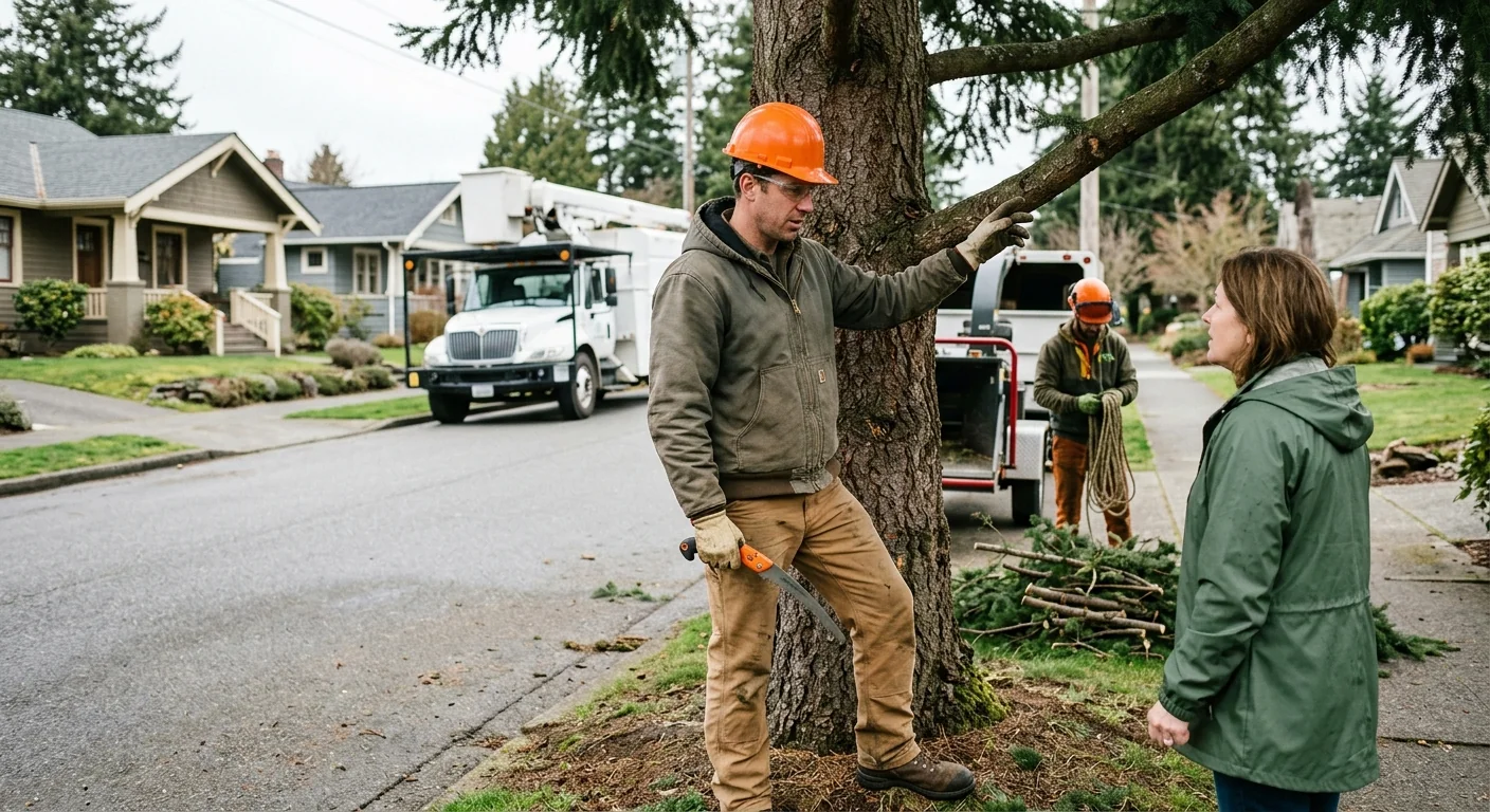 Crane lifting a large tree section over a residential Edmonds backyard