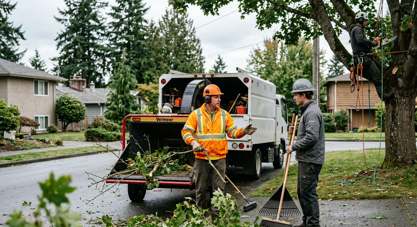 Crane lifting a large conifer section over an Edmonds home during removal