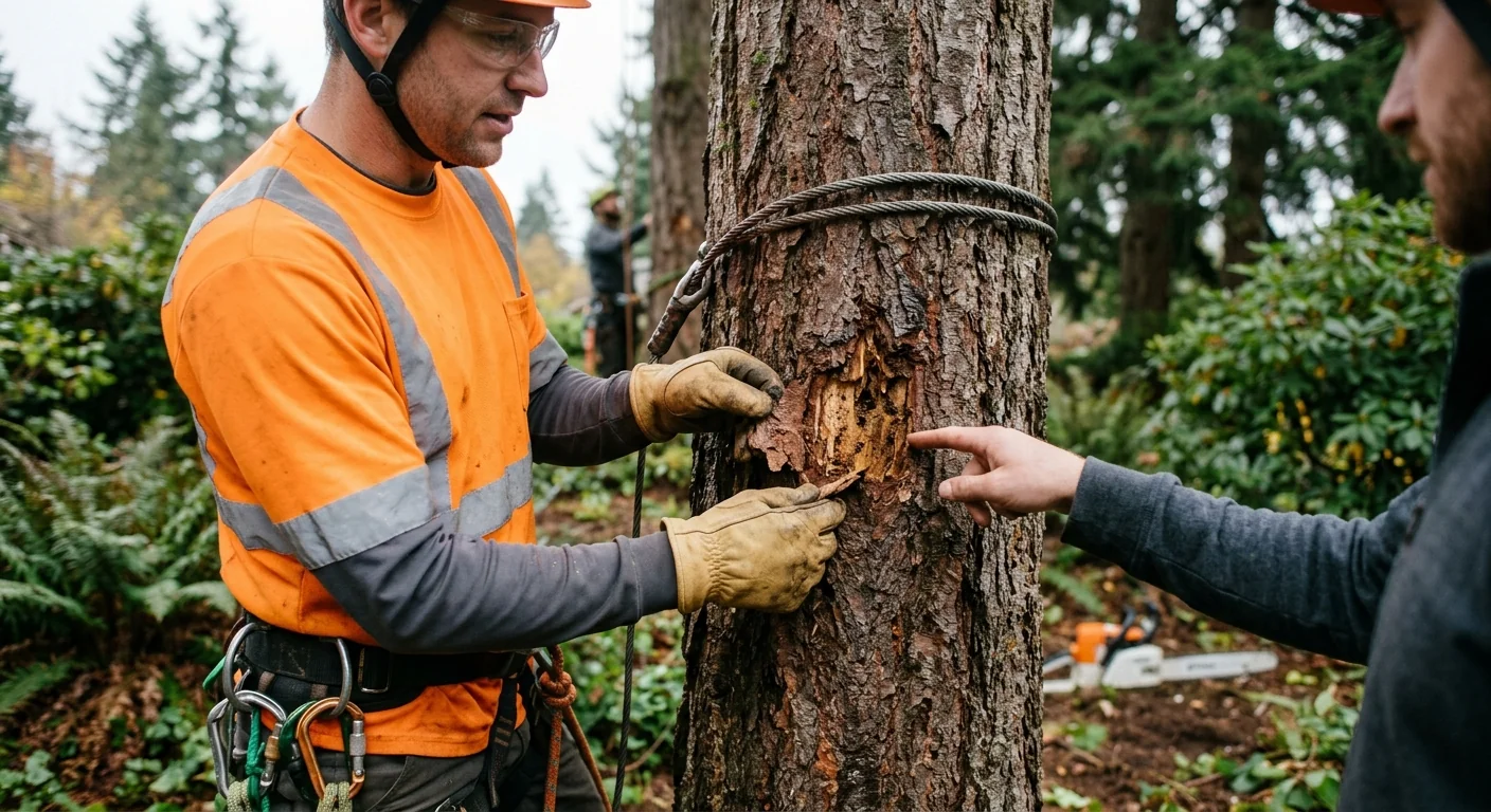 Arborist rigging a crane cable to a large tree limb before removal