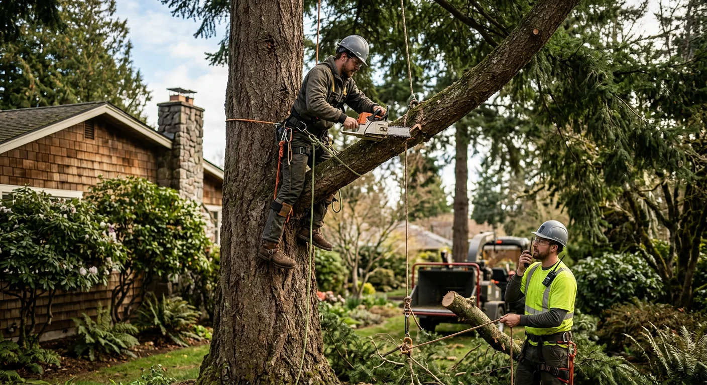 Crew evaluating a fallen tree near an Edmonds home for emergency removal pricing