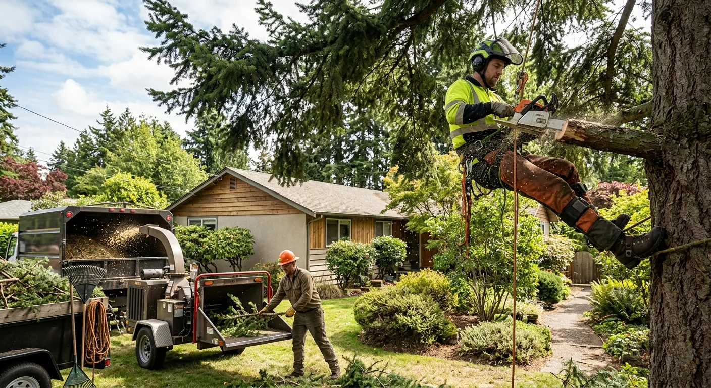 Tree crew clearing storm-damaged branches from an Edmonds residential yard after high winds