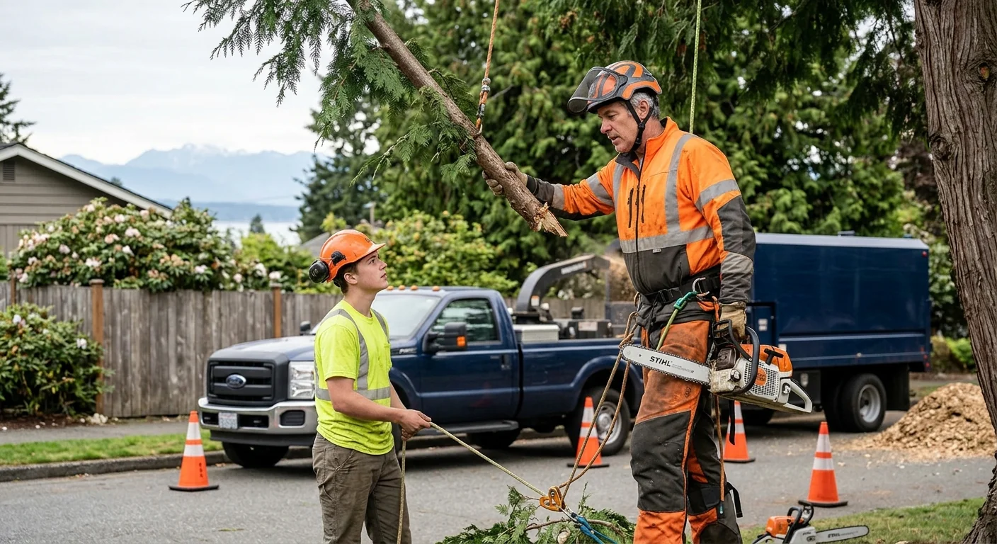 Arborist assessing a storm-damaged tree leaning over an Edmonds home