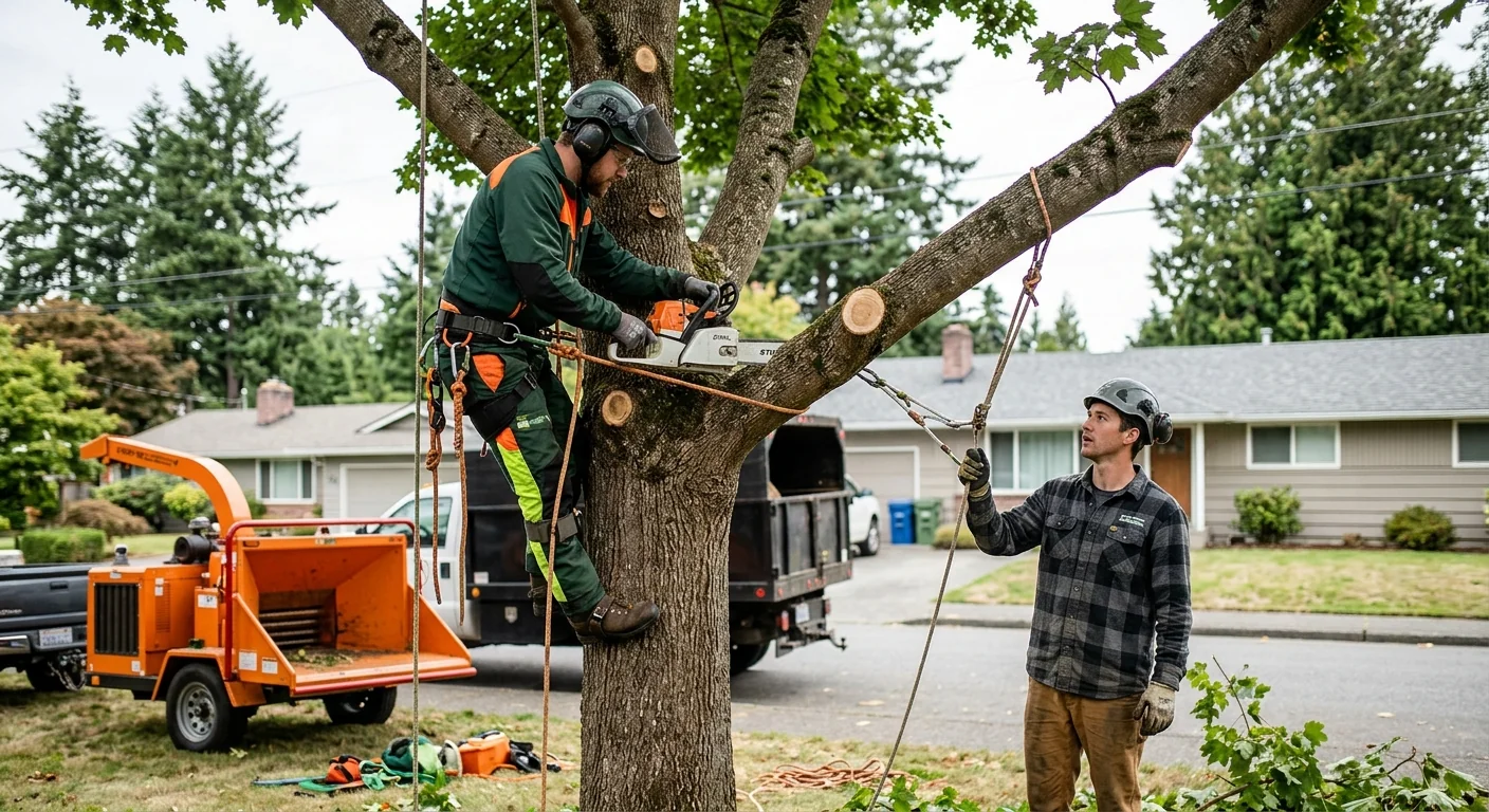 Tree crew clearing a storm-damaged tree from an Edmonds residential property