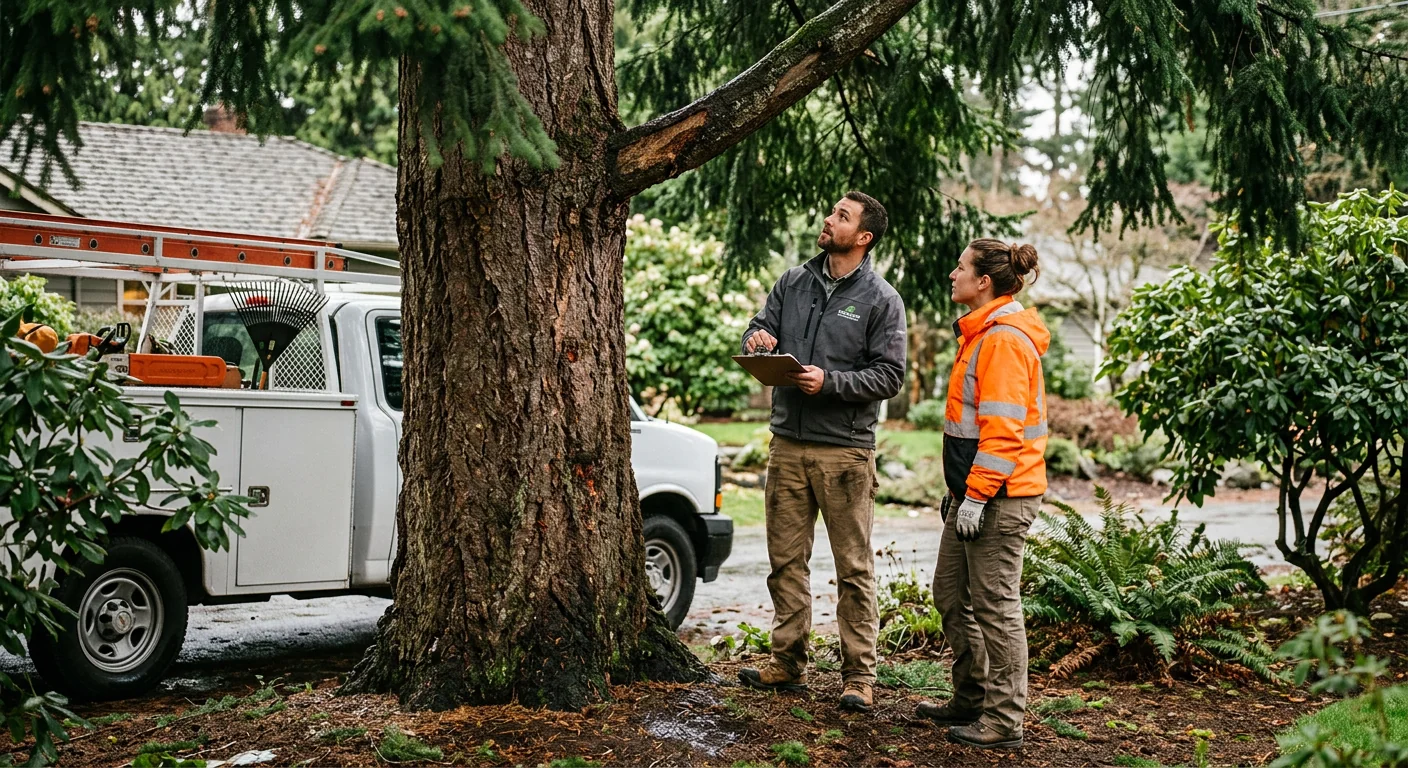 Fallen tree resting against a home after an Edmonds windstorm