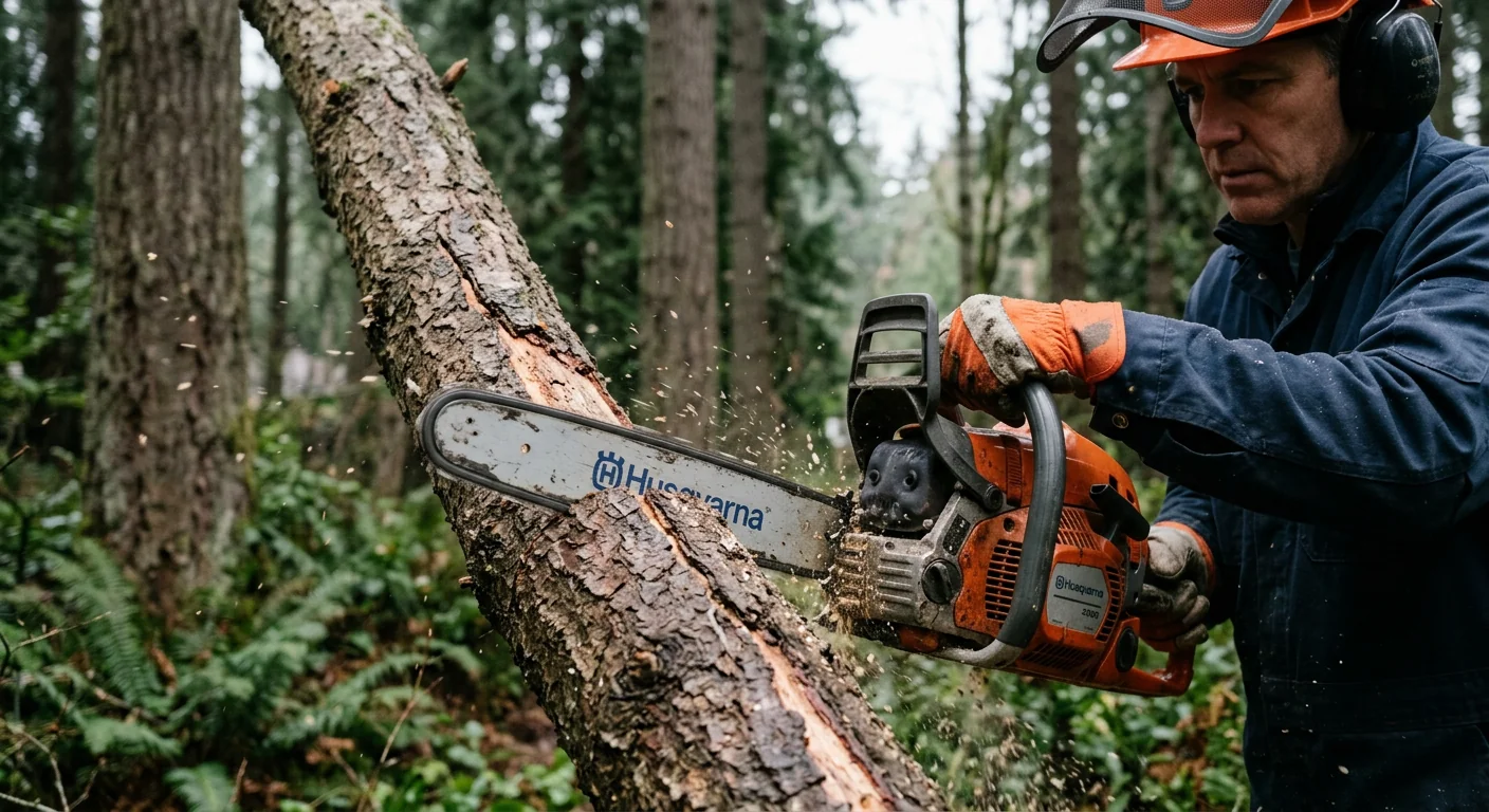 Arborist inspecting a split trunk and uprooted root plate