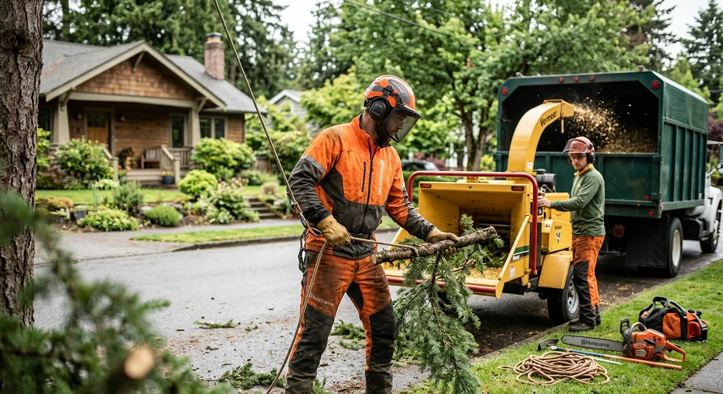 Tree crew safely removing a storm-damaged limb near an Edmonds home