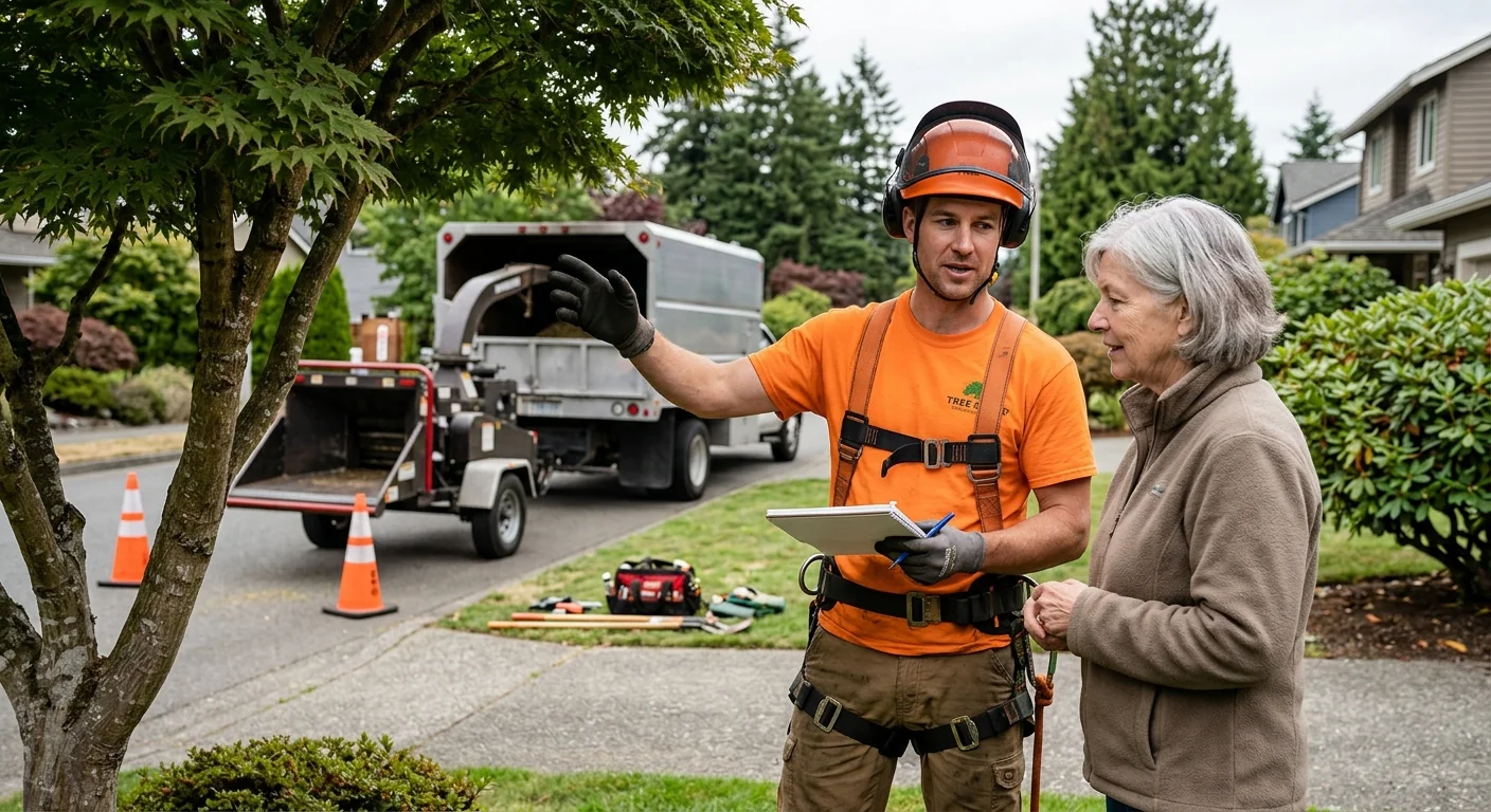 Arborist reviewing emergency removal plan with a homeowner