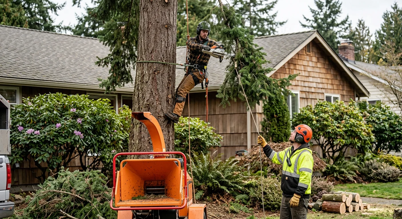 Certified arborist assessing a hazardous leaning tree near an Edmonds home