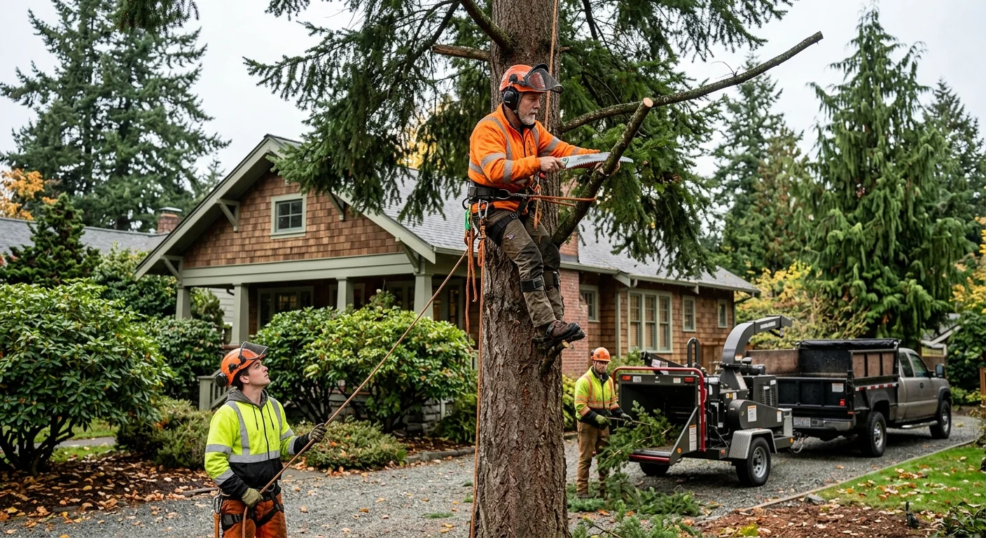 Arborist assessing a leaning hazardous tree near a home in Edmonds