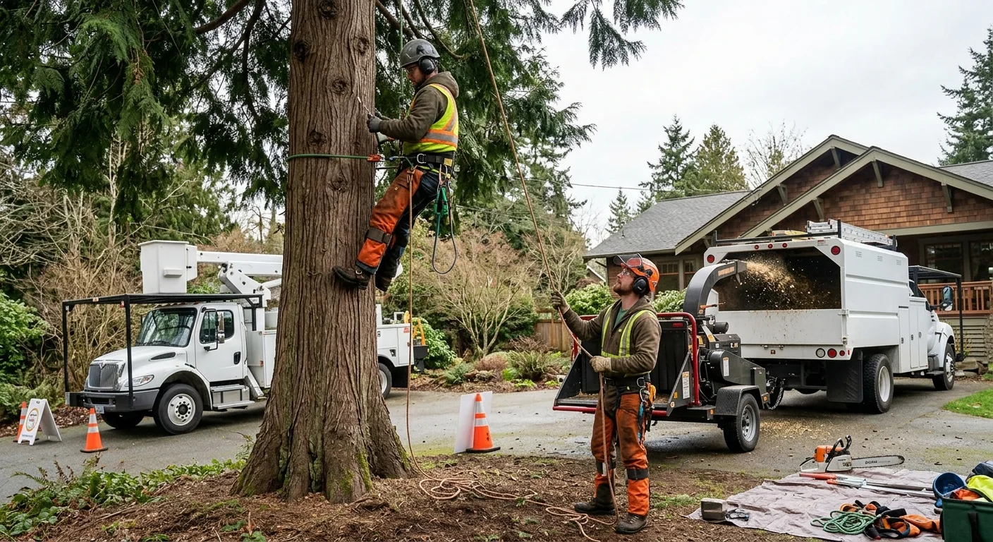 Arborist rigging a leaning tree for controlled removal near an Edmonds home