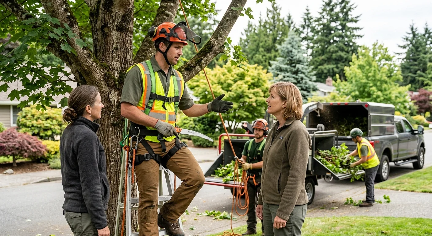 Arborists safely dismantling a hazardous tree near an Edmonds home