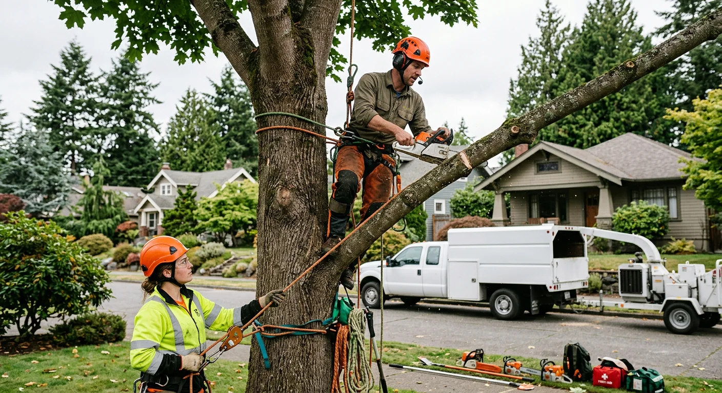 Ground crew documenting cleared work site after tree removal