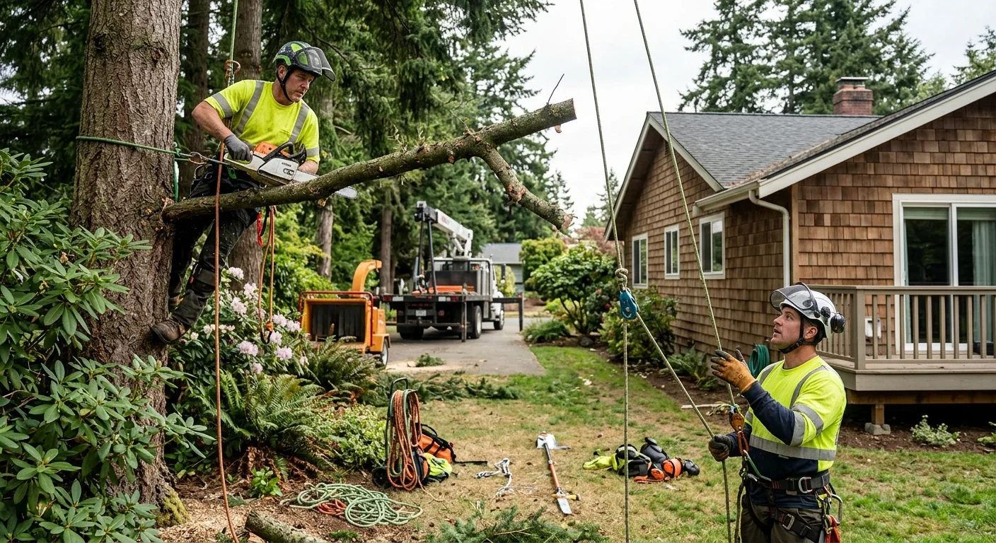 Crew clearing brush and undergrowth from a wooded residential lot