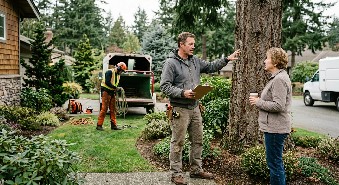 Crew assessing a large storm-toppled tree near an Edmonds home for cleanup pricing