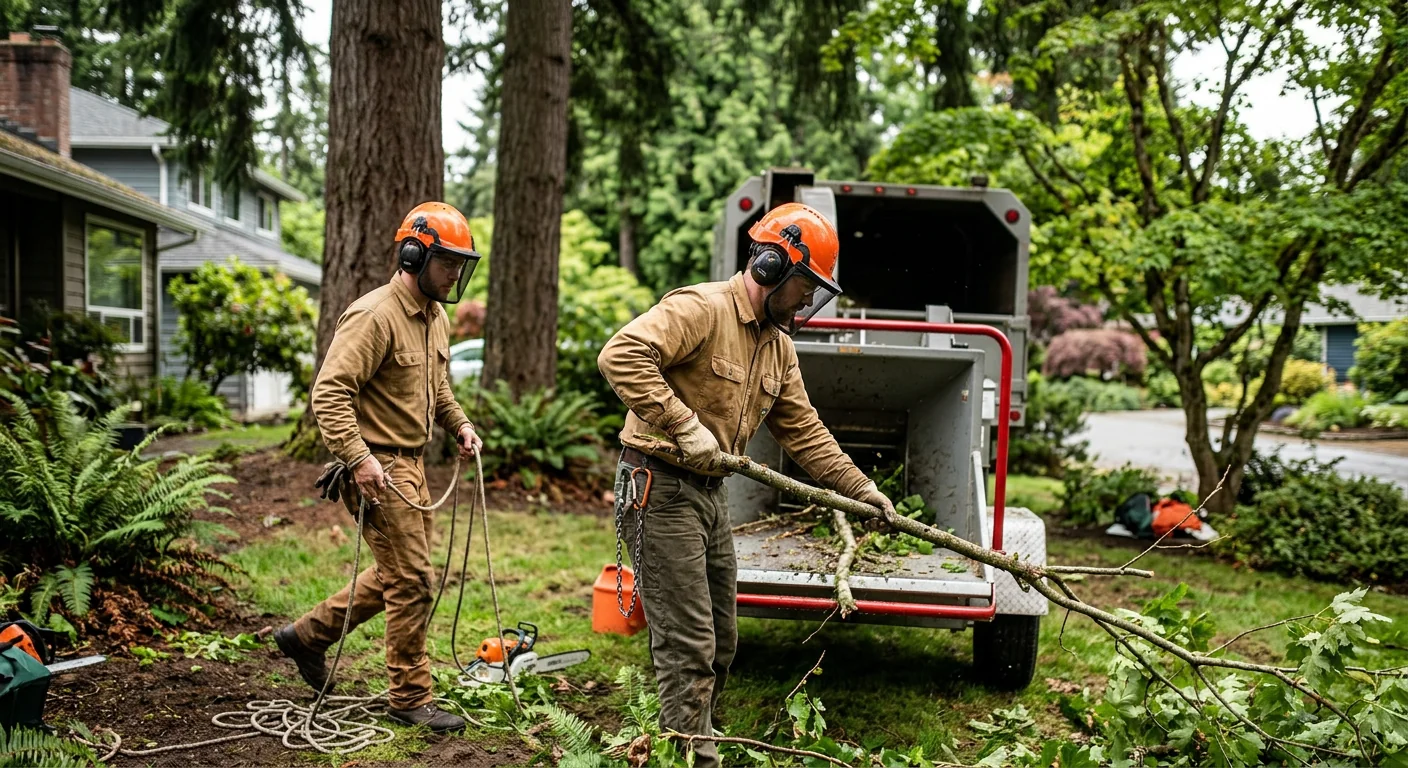 Crew clearing storm-damaged trees and fallen limbs from an Edmonds residential property