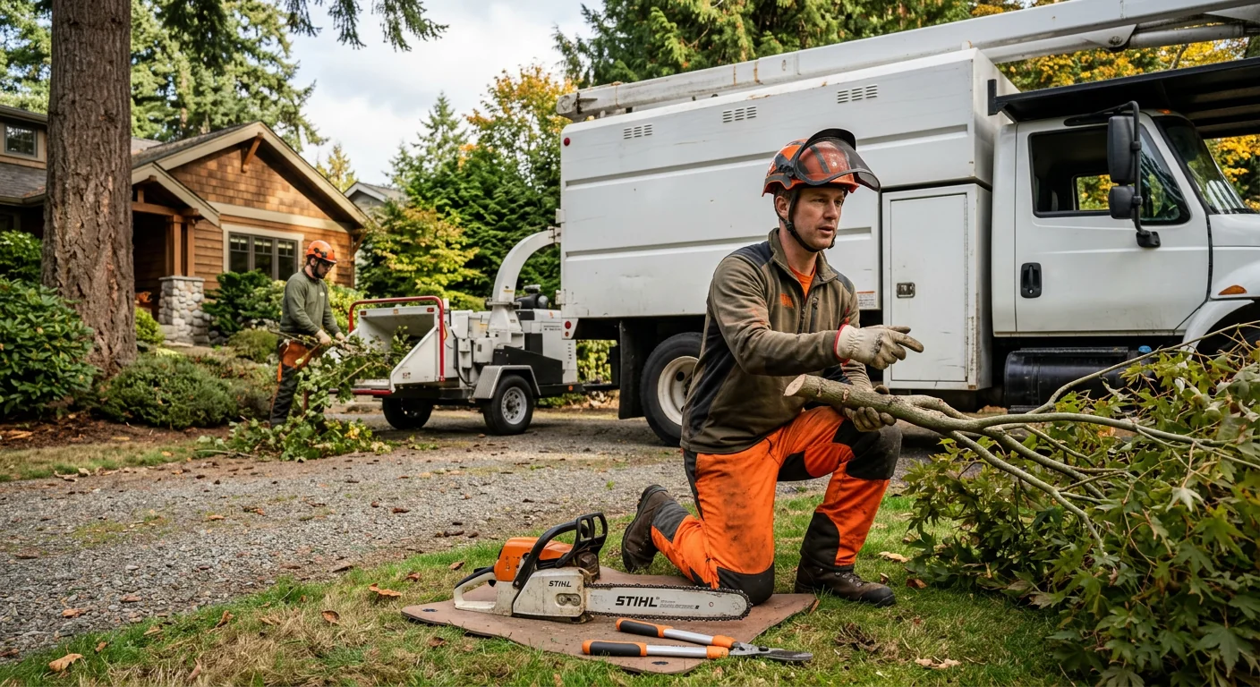 Arborist clearing a fallen storm-damaged tree from an Edmonds residential yard