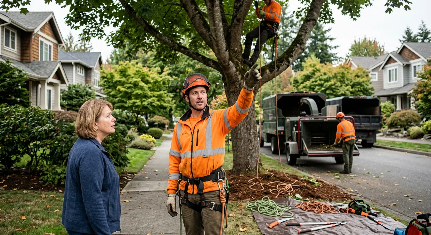 Tree crew clearing storm-damaged limbs from an Edmonds residential yard