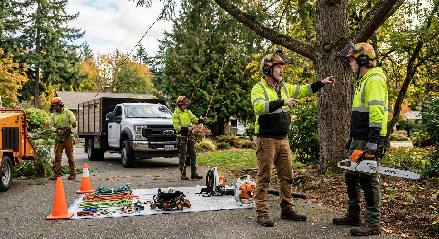 Tree crew clearing storm-damaged limbs from an Edmonds property