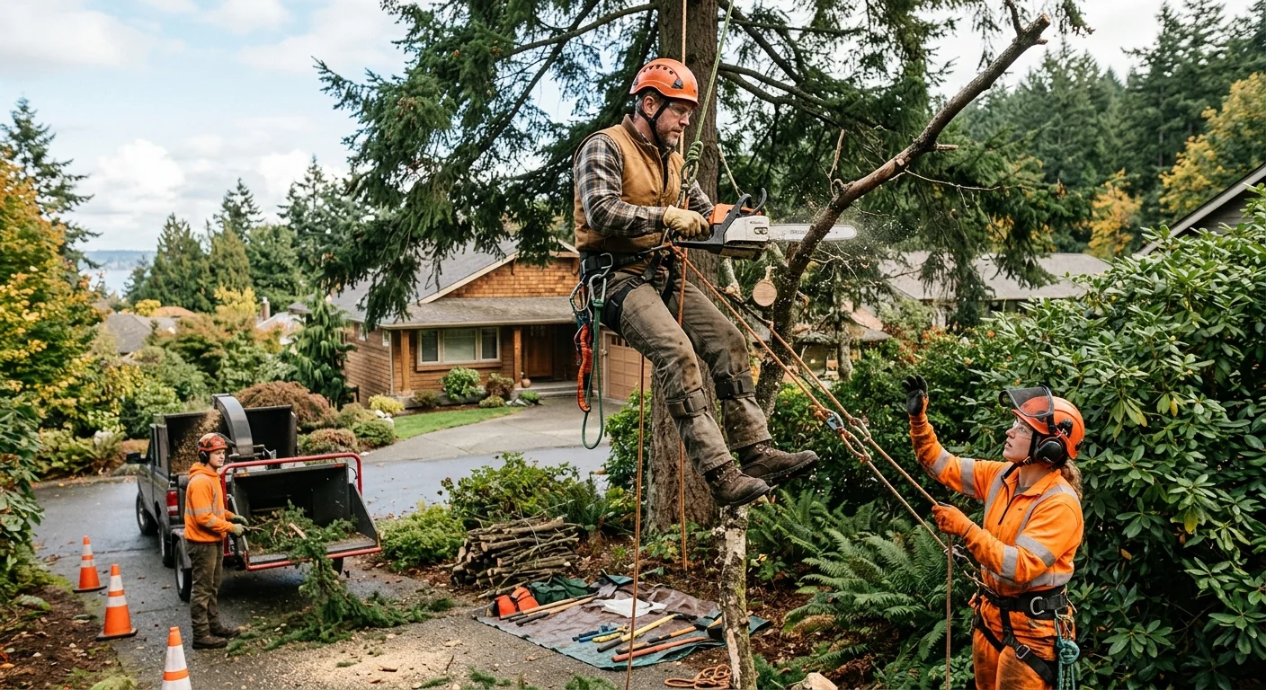 Arborist reviewing storm cleanup plan with a homeowner