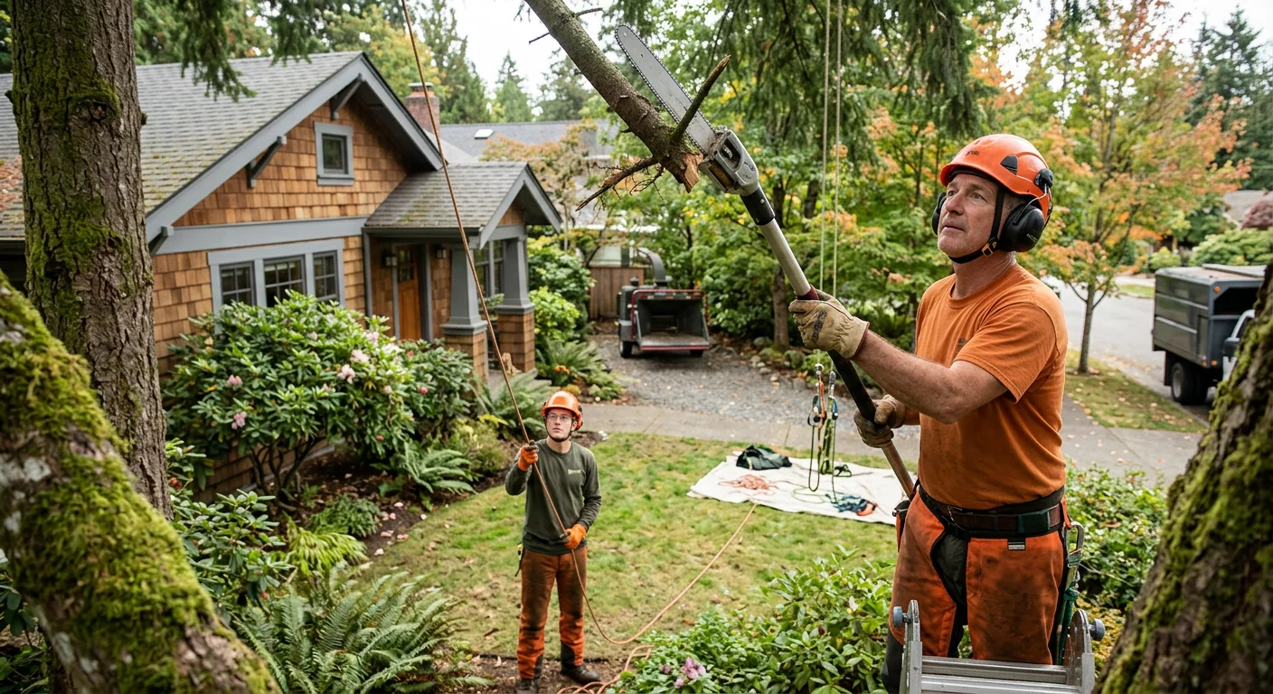 Stump grinding crew clearing a residential yard in Edmonds after tree removal