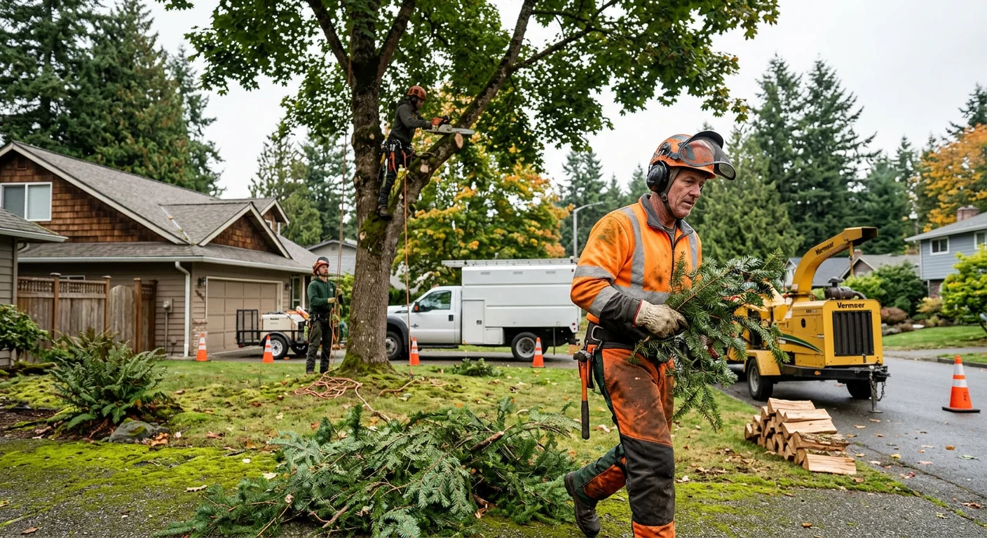 Stump grinder removing a hardwood stump in a residential Edmonds backyard