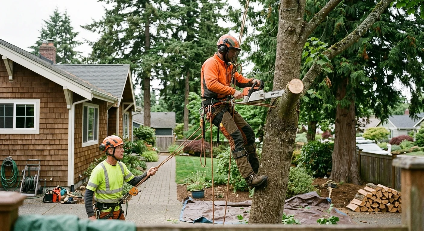 Crew grinding a tree stump below grade in an Edmonds backyard