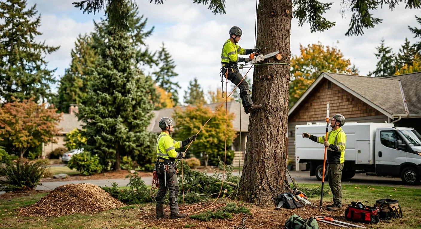 Crew operating a stump grinder in an Edmonds backyard