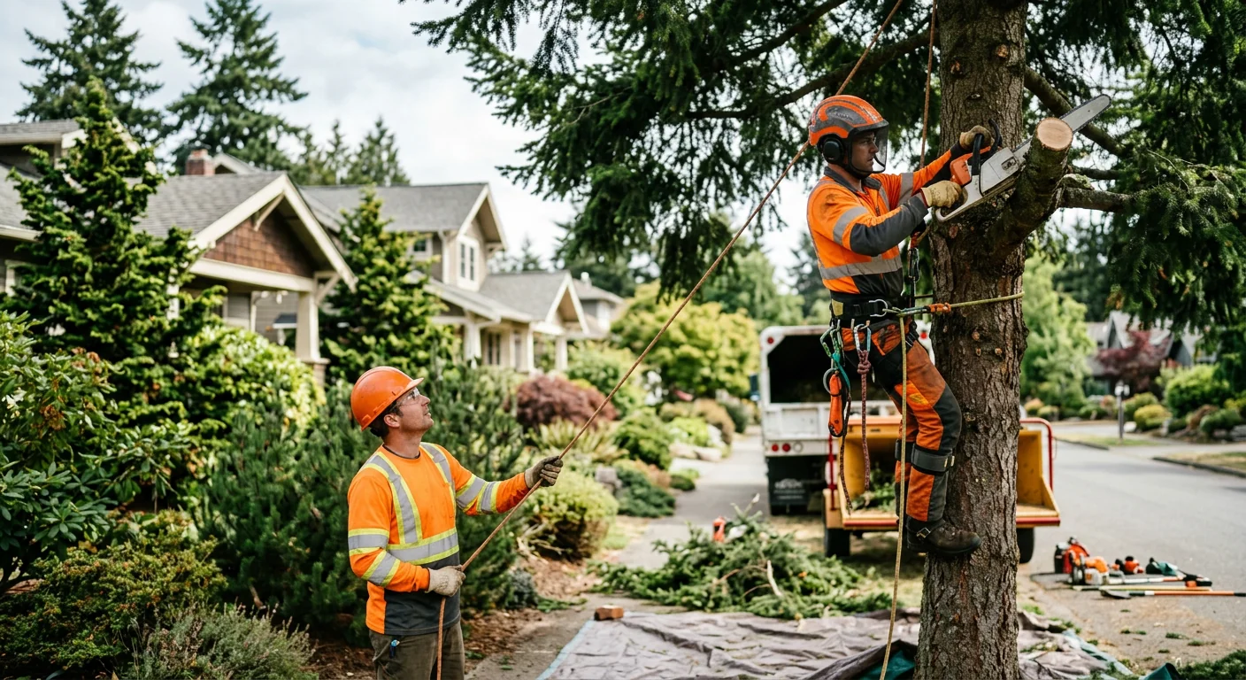 Arborist installing support cables in a mature backyard tree in Edmonds