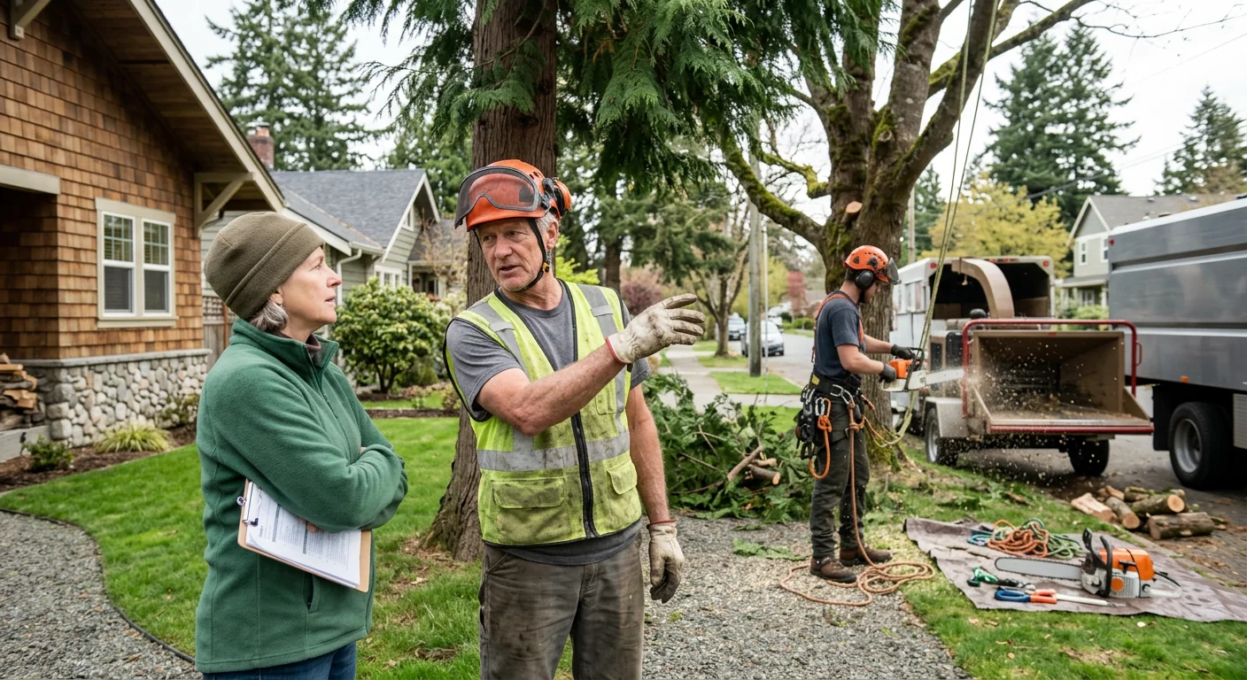 Arborist installing steel support cable in a mature hardwood tree canopy