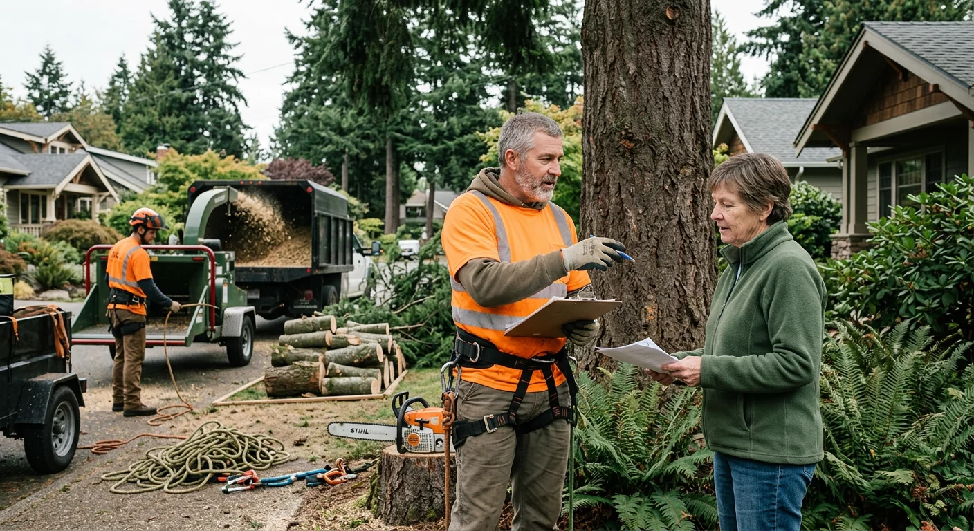 Arborist installing support cables in a mature maple tree in Edmonds