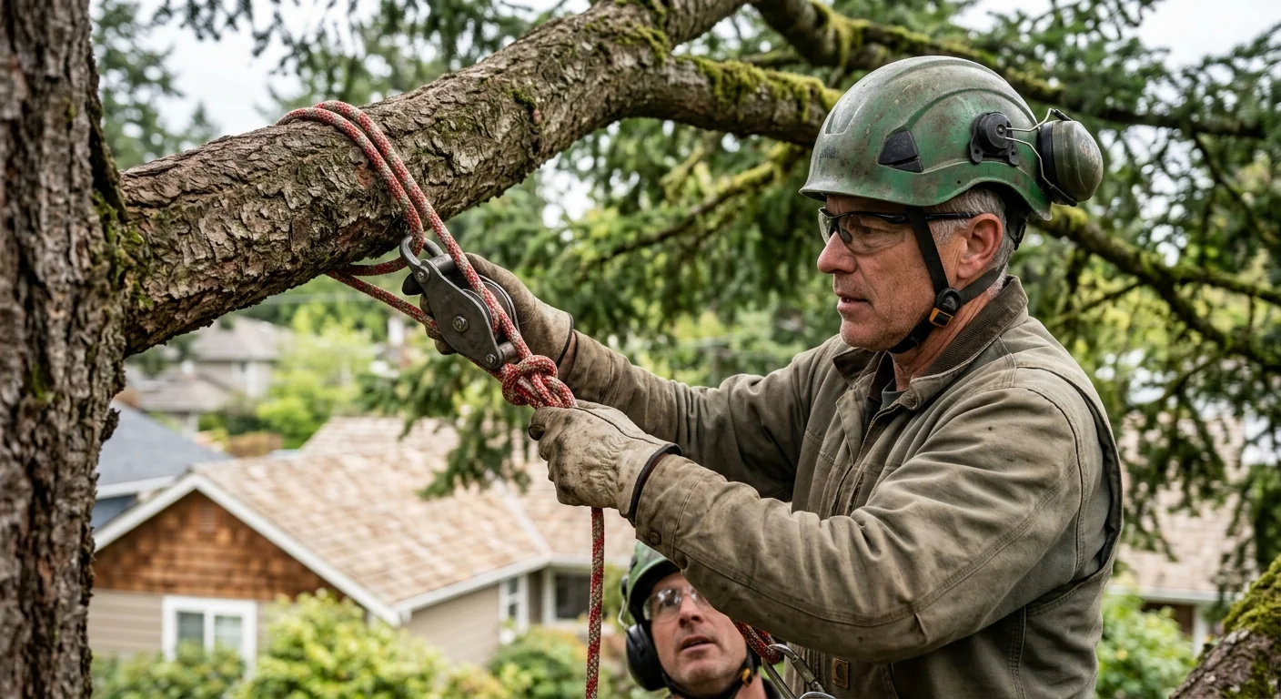 Steel bracing rod stabilizing a heavy leaning limb over a home