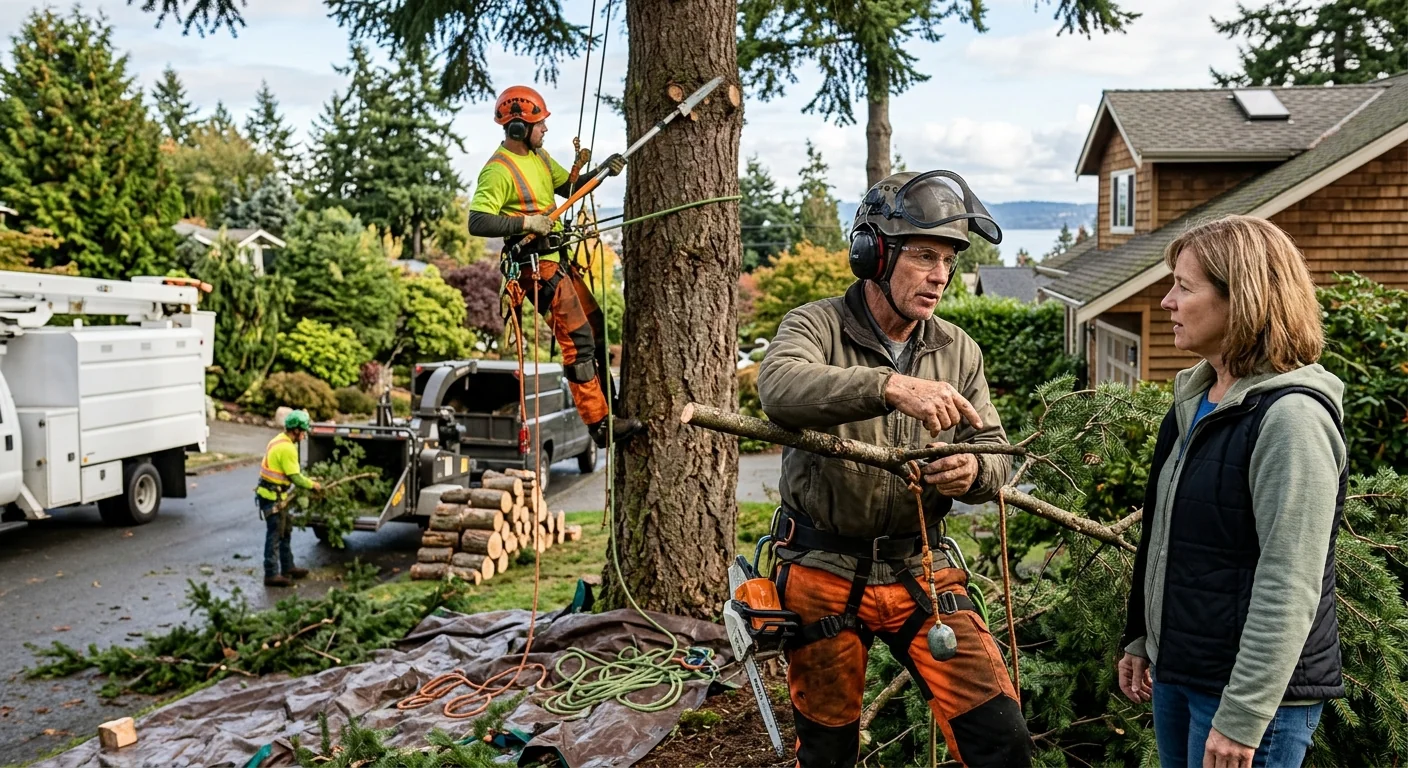 Arborist installing support cable in a mature Edmonds shade tree