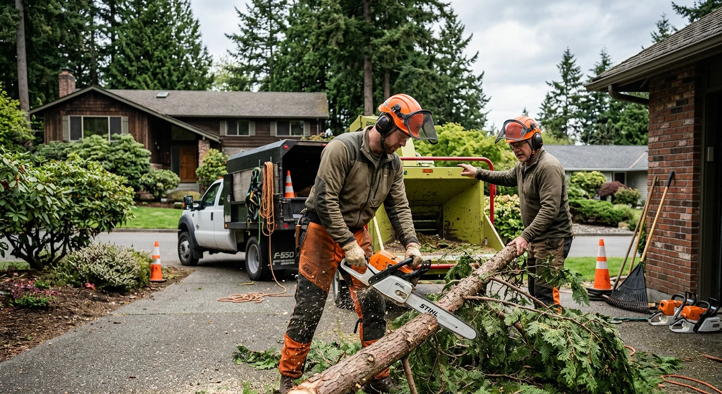 Certified arborist evaluating tree canopy and trunk health on an Edmonds residential property