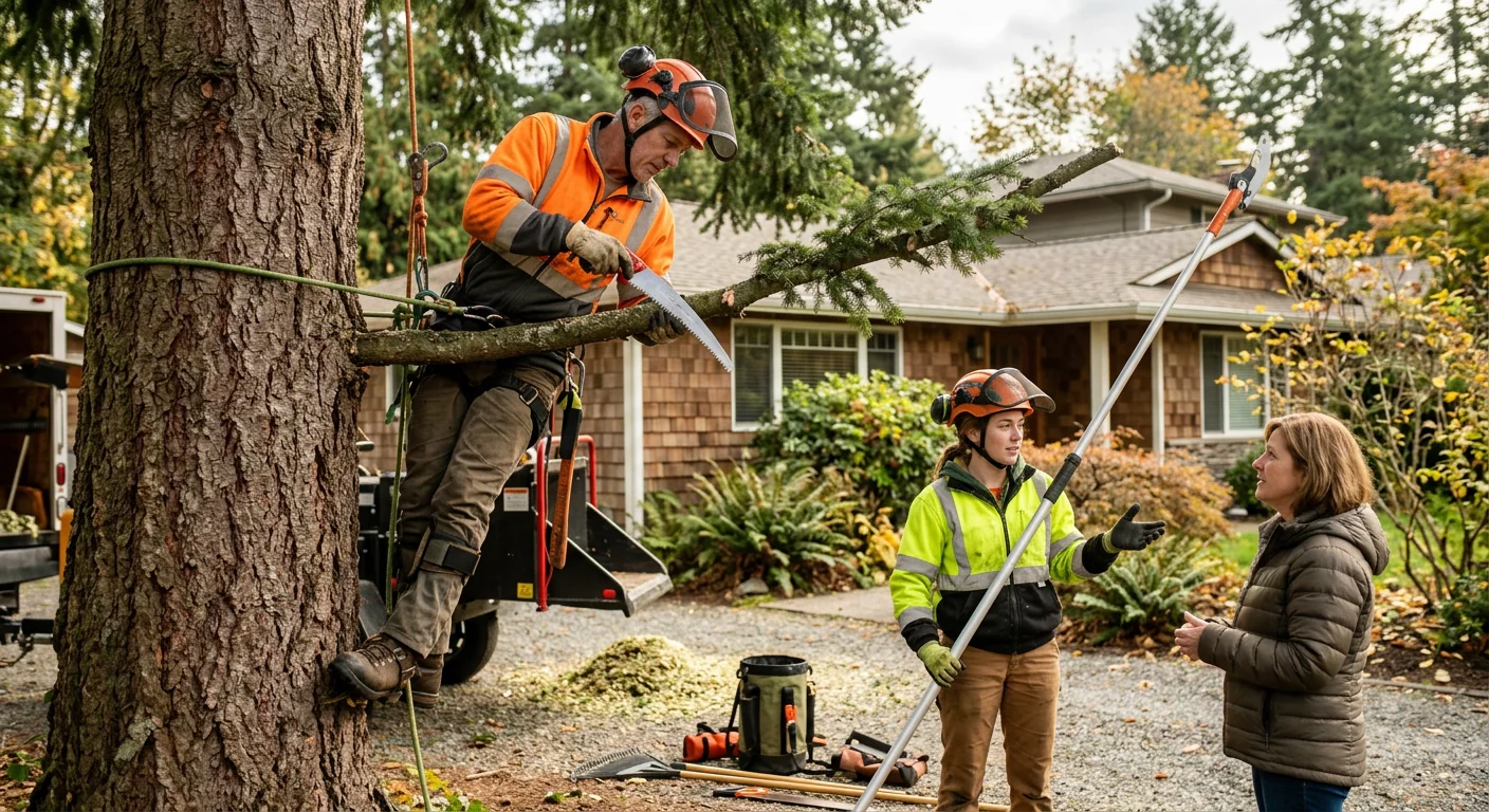 Arborist inspecting a mature tree during a maintenance visit in Edmonds