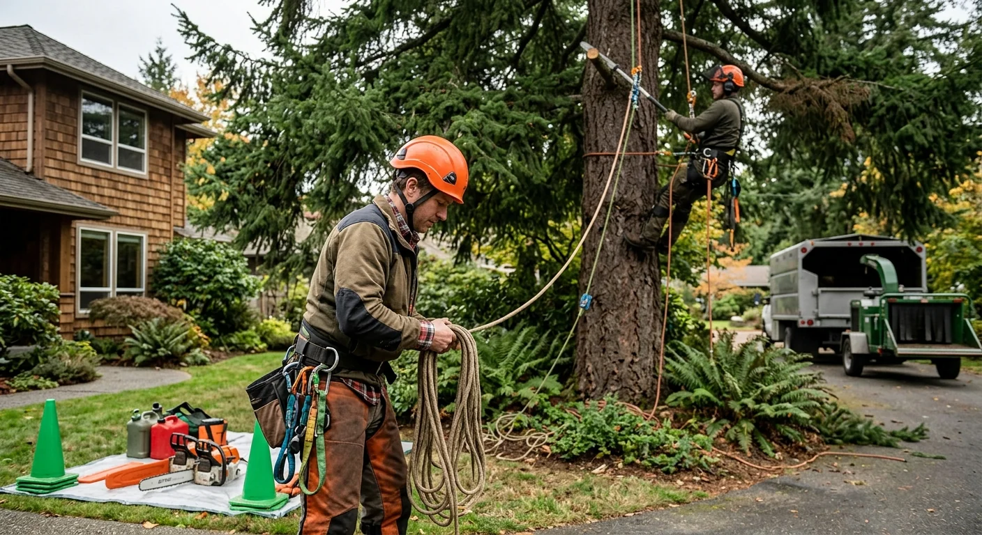 Arborist inspecting mature backyard tree canopy for health in Edmonds