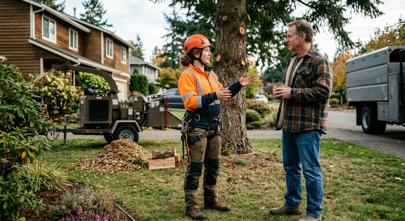 Arborist inspecting a mature backyard tree canopy on an Edmonds residential property