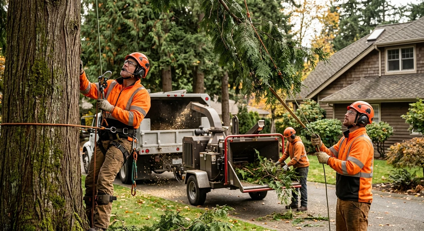 Arborist inspecting tree canopy health during maintenance visit in Edmonds