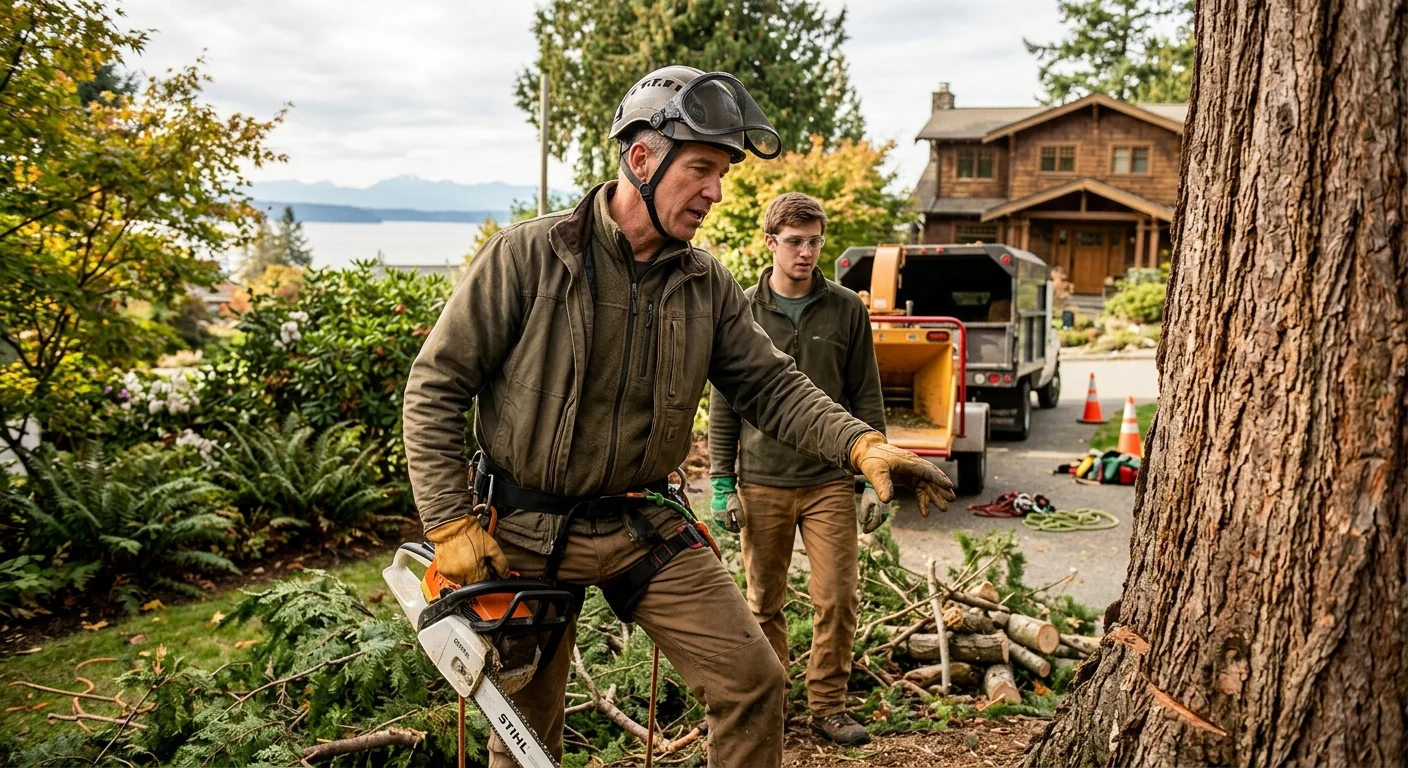 Homeowner reviewing a written tree planting estimate with an arborist beside a young sapling in Edmonds