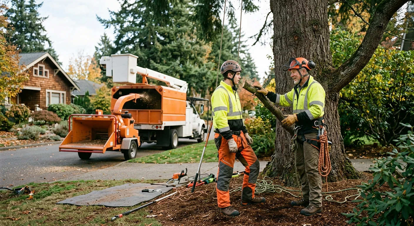 Crew planting a young tree in an Edmonds front yard on a clear day