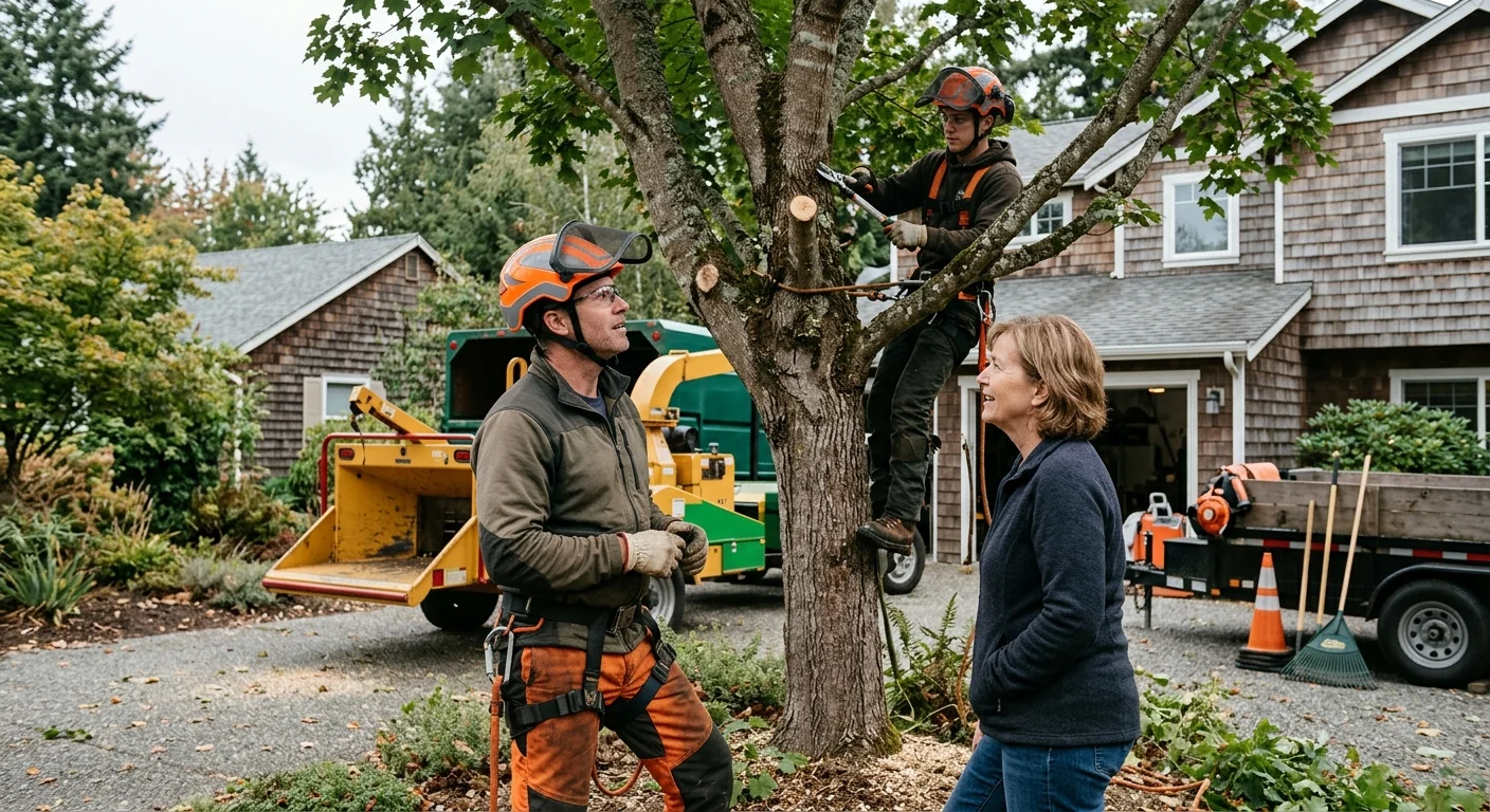 Arborist setting a young balled-and-burlapped tree into a prepared planting hole