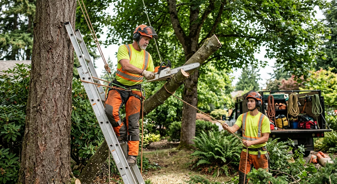 Homeowner reviewing tree placement and care guide with planting crew