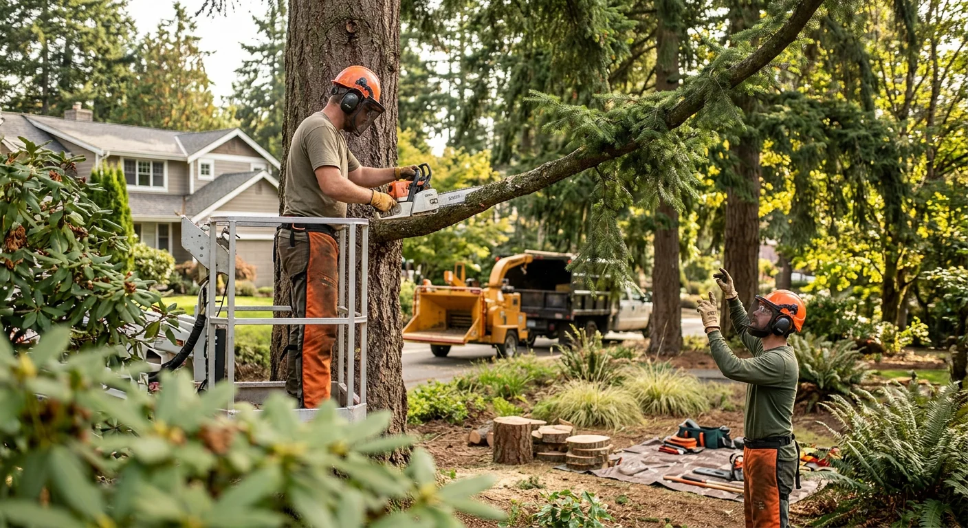 Climber pruning upper canopy branches above an Edmonds home with rigging ropes