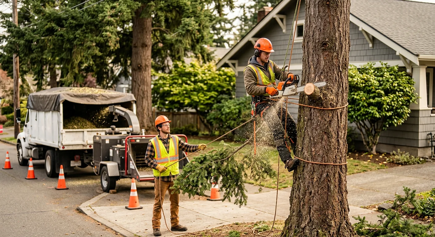 Arborist carefully pruning a mature shade tree in an Edmonds residential yard