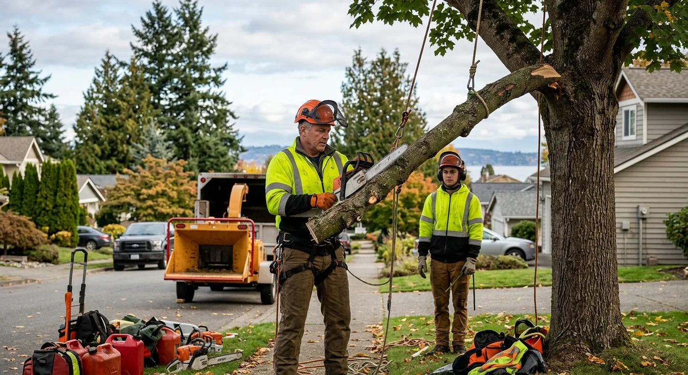 Arborist making a clean pruning cut on a residential shade tree