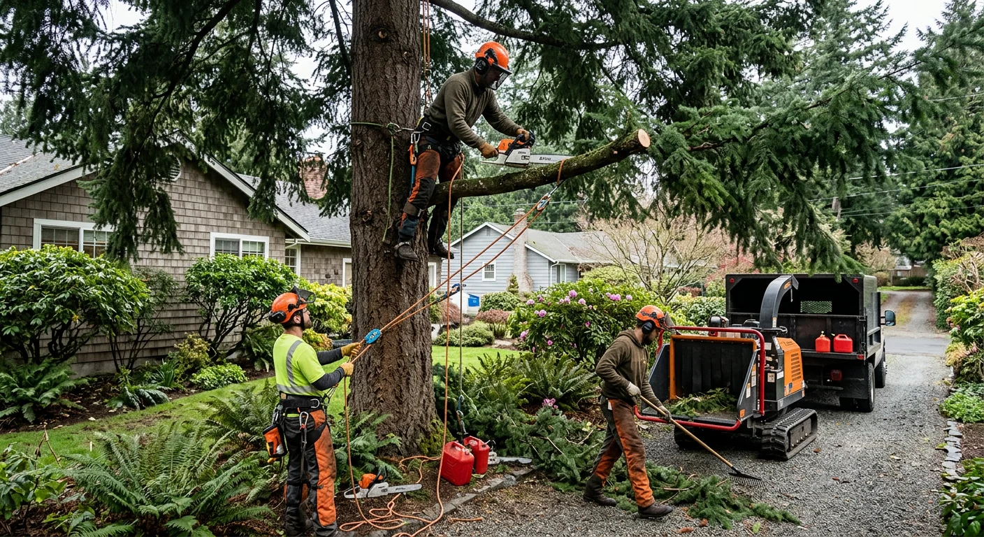 Arborist making a precise pruning cut on a mature Edmonds shade tree